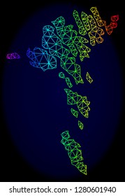 Spectrum colored mesh vector map of Faroe Islands isolated on a dark blue background. Abstract lines, triangles forms map of Faroe Islands. Carcass model for political illustrations.