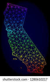 Spectrum colored mesh vector map of California isolated on a dark blue background. Abstract lines, triangles forms map of California. Carcass model for political illustrations.