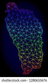 Spectrum colored mesh vector map of Dominica Island isolated on a dark blue background. Abstract lines, triangles forms map of Dominica Island. Carcass model for patriotic templates.