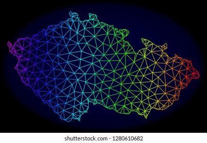 Spectrum colored mesh vector map of Czech Republic isolated on a dark blue background. Abstract lines, triangles forms map of Czech Republic. Carcass model for patriotic posters.