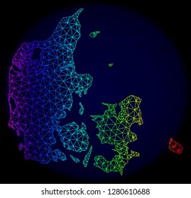 Spectrum colored mesh vector map of Denmark isolated on a dark blue background. Abstract lines, triangles forms map of Denmark. Carcass model for political illustrations.