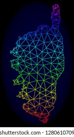 Spectrum colored mesh vector map of Corsica isolated on a dark blue background. Abstract lines, triangles forms map of Corsica. Carcass model for patriotic templates.