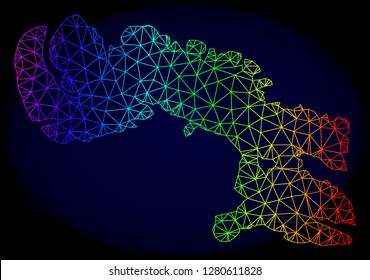 Spectrum colored mesh vector map of Baffin Island isolated on a dark blue background. Abstract lines, triangles forms map of Baffin Island. Carcass model for political templates.