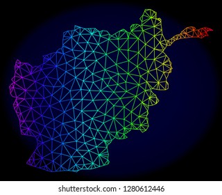Spectrum colored mesh vector map of Afghanistan isolated on a dark blue background. Abstract lines, triangles forms map of Afghanistan. Carcass model for patriotic illustrations.
