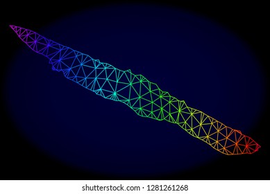 Spectrum colored mesh vector map of Sao Jorge Island isolated on a dark blue background. Abstract lines, triangles forms map of Sao Jorge Island. Carcass model for political posters.