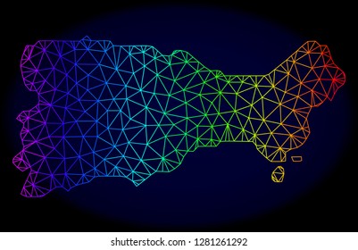 Spectrum colored mesh vector map of Capri Island isolated on a dark blue background. Abstract lines, triangles forms map of Capri Island. Carcass model for patriotic posters.