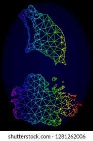 Spectrum colored mesh vector map of Antigua and Barbuda isolated on a dark blue background. Abstract lines, triangles forms map of Antigua and Barbuda. Carcass model for patriotic purposes.