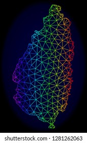 Spectrum colored mesh vector map of Saint Lucia Island isolated on a dark blue background. Abstract lines, triangles forms map of Saint Lucia Island. Carcass model for patriotic templates.