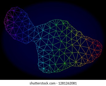 Spectrum colored mesh vector map of Maui Island isolated on a dark blue background. Abstract lines, triangles forms map of Maui Island. Carcass model for political templates.