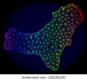 Spectrum colored mesh vector map of El Hierro Island isolated on a dark blue background. Abstract lines, triangles forms map of El Hierro Island. Carcass model for political purposes.