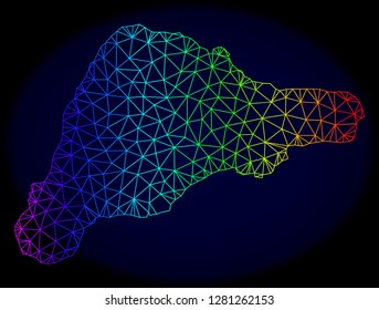 Spectrum colored mesh vector map of Easter Island isolated on a dark blue background. Abstract lines, triangles forms map of Easter Island. Carcass model for political purposes.