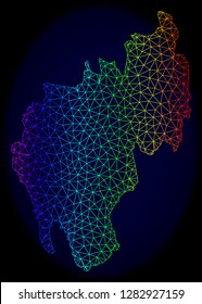 Spectrum colored mesh vector map of Tripura State isolated on a dark blue background. Abstract lines, triangles forms map of Tripura State. Carcass model for patriotic purposes.