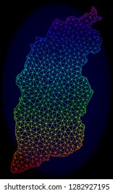 Spectrum colored mesh vector map of Shanxi Province isolated on a dark blue background. Abstract lines, triangles forms map of Shanxi Province. Carcass model for political illustrations.
