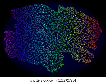 Spectrum colored mesh vector map of Qinghai Province isolated on a dark blue background. Abstract lines, triangles forms map of Qinghai Province. Carcass model for political posters.