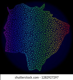 Spectrum colored mesh vector map of Mato Grosso do Sul State isolated on a dark blue background. Abstract lines, triangles forms map of Mato Grosso do Sul State. Carcass model for political templates.