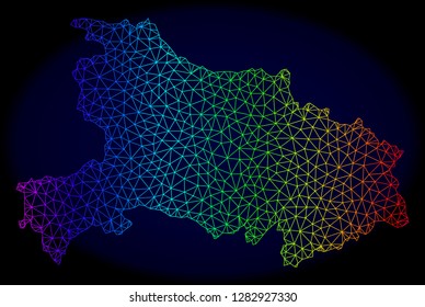 Spectrum colored mesh vector map of Hubei Province isolated on a dark blue background. Abstract lines, triangles forms map of Hubei Province. Carcass model for political purposes.