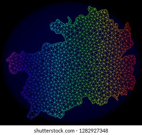 Spectrum colored mesh vector map of Guizhou Province isolated on a dark blue background. Abstract lines, triangles forms map of Guizhou Province. Carcass model for patriotic templates.