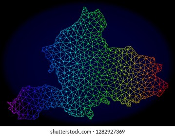 Spectrum colored mesh vector map of Gelderland Province isolated on a dark blue background. Abstract lines, triangles forms map of Gelderland Province. Carcass model for patriotic posters.