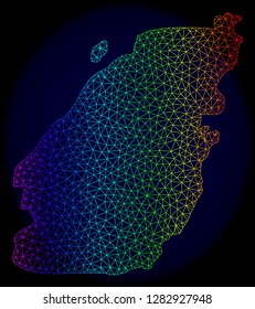 Spectrum colored mesh vector map of Bowen Island isolated on a dark blue background. Abstract lines, triangles forms map of Bowen Island. Carcass model for political purposes.
