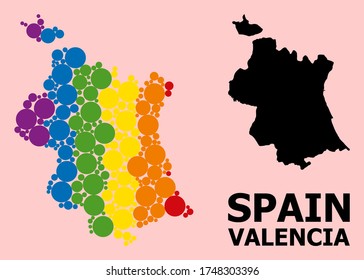 Spectrum colored mosaic vector map of Valencia Province for LGBT, and black version. Geographic concept map of Valencia Province is constructed from random round spheric dots.