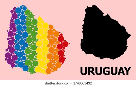 Spectrum colored mosaic vector map of Uruguay for LGBT, and black version. Geographic mosaic map of Uruguay is combined with scattered round spheric elements.