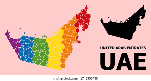 Spectrum colored mosaic vector map of United Arab Emirates for LGBT, and black version. Geographic mosaic map of United Arab Emirates is designed from random circle dots.