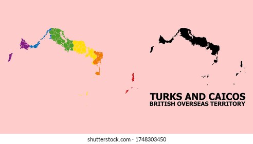 Spectrum colored mosaic vector map of Turks and Caicos Islands for LGBT, and black version. Geographic mosaic map of Turks and Caicos Islands is done with randomized round spheric dots.