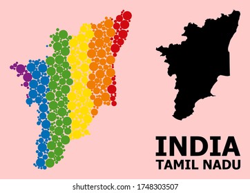 Spectrum colored mosaic vector map of Tamil Nadu State for LGBT, and black version. Geographic mosaic map of Tamil Nadu State is composed with random round spheric dots.