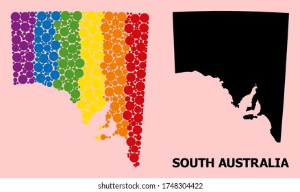 Spectrum colored mosaic vector map of South Australia for LGBT, and black version. Geographic mosaic map of South Australia is organized from scattered circle spots.