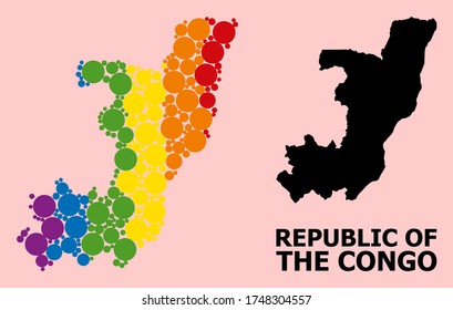 Spectrum colored mosaic vector map of Republic of the Congo for LGBT, and black version. Geographic concept map of Republic of the Congo is organized with random round spheric dots.