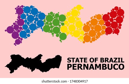 Spectrum colored mosaic vector map of Pernambuco State for LGBT, and black version. Geographic mosaic map of Pernambuco State is constructed with randomized circle spots.