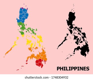 Spectrum colored mosaic vector map of Philippines for LGBT, and black version. Geographic mosaic map of Philippines is created from randomized circle dots.
