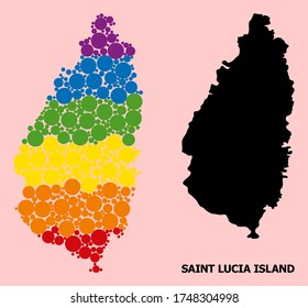 Spectrum colored mosaic vector map of Saint Lucia Island for LGBT, and black version. Geographic concept map of Saint Lucia Island is done with randomized round spheric elements.