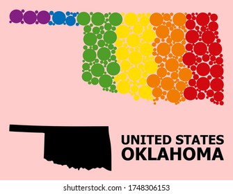 Spectrum colored mosaic vector map of Oklahoma State for LGBT, and black version. Geographic concept map of Oklahoma State is created from scattered circle spots.
