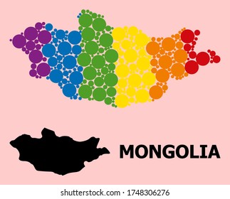 Spectrum colored mosaic vector map of Mongolia for LGBT, and black version. Geographic mosaic map of Mongolia is done from random circle dots.