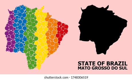 Spectrum colored mosaic vector map of Mato Grosso do Sul State for LGBT, and black version. Geographic mosaic map of Mato Grosso do Sul State is organized with randomized circle elements.