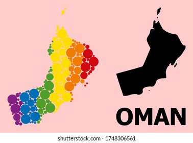Spectrum colored mosaic vector map of Oman for LGBT, and black version. Geographic mosaic map of Oman is designed with random circle dots.