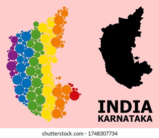 Spectrum colored mosaic vector map of Karnataka State for LGBT, and black version. Geographic mosaic map of Karnataka State is created from randomized round spheric spots.