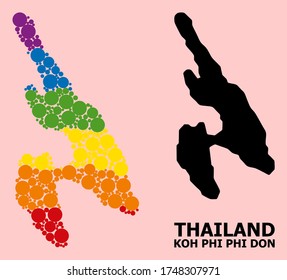 Spectrum colored mosaic vector map of Koh Phi Don for LGBT, and black version. Geographic mosaic map of Koh Phi Don is done with scattered round spheric spots.