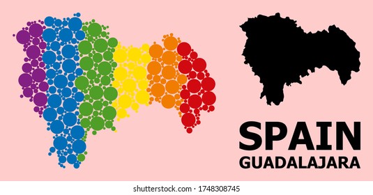 Spectrum colored mosaic vector map of Guadalajara Province for LGBT, and black version. Geographic mosaic map of Guadalajara Province is combined with randomized round spheric dots.