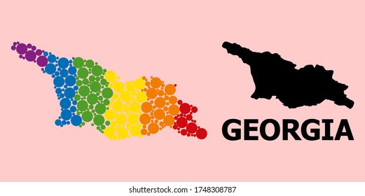 Spectrum colored mosaic vector map of Georgia for LGBT, and black version. Geographic concept map of Georgia is organized from randomized circle dots.