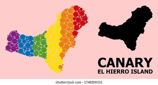 Spectrum colored mosaic vector map of El Hierro Island for LGBT, and black version. Geographic concept map of El Hierro Island is organized from randomized round spheric elements.