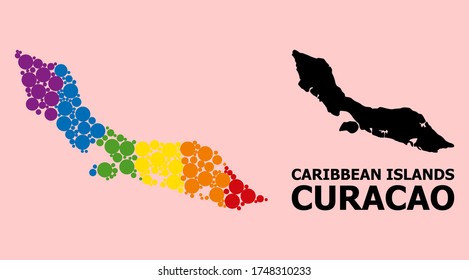 Spectrum colored mosaic vector map of Curacao Island for LGBT, and black version. Geographic mosaic map of Curacao Island is organized from random circle spots.