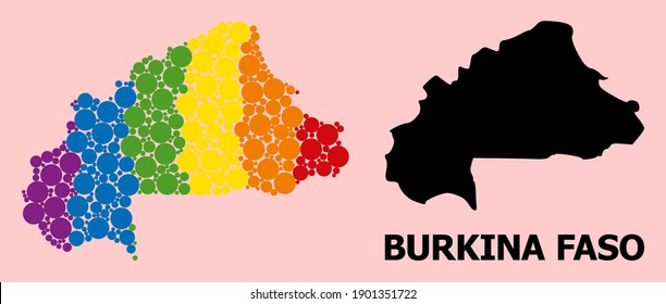 Spectrum colored mosaic vector map of Burkina Faso for LGBT, and black version. Geographic mosaic map of Burkina Faso is combined from random round spheric elements.