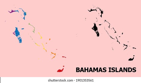 Spectrum colored mosaic vector map of Bahamas Islands for LGBT, and black version. Geographic mosaic map of Bahamas Islands is created from scattered circle spots.