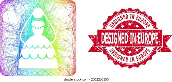 Spectrum colored net bride, and Designed in Europe scratched ribbon seal imitation. Red seal has Designed in Europe text inside ribbon.Geometric wire frame flat net based on bride icon,