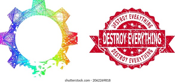 Engranaje dañado de la red de color espectral y Destruir la marca de agua de la cinta de goma. El sello rojo contiene el título Destruir todo dentro de la cinta.Red plana de marco lineal geométrica basada en el icono del engranaje dañado,