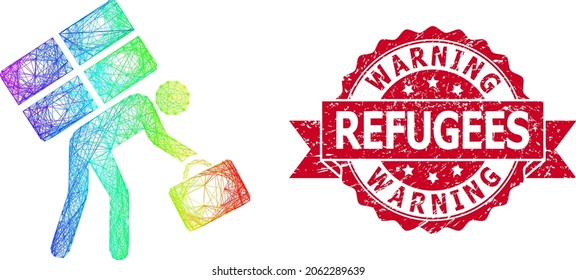 Spectrum colored net refugee person, and Warning Refugees rubber ribbon seal imitation. Red stamp seal has Warning Refugees tag inside ribbon.