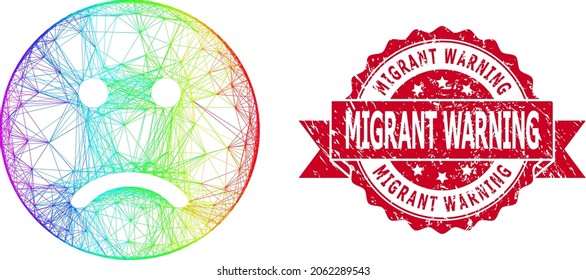 Spectrum colored net sad smiley, and Migrant Warning scratched ribbon seal print. Red seal has Migrant Warning title inside ribbon.Geometric hatched carcass flat net based on sad smiley icon,