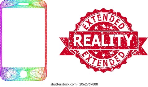 Spectrum colored net smartphone, and Extended Reality dirty ribbon stamp. Red stamp seal includes Extended Reality tag inside ribbon.Geometric wire carcass flat net based on smartphone icon,